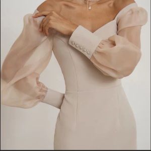 Puff Sleeve Lichi Dress in Beige, Small